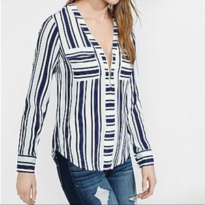 NEW Express Striped Long Sleeve Zip Front Blouse